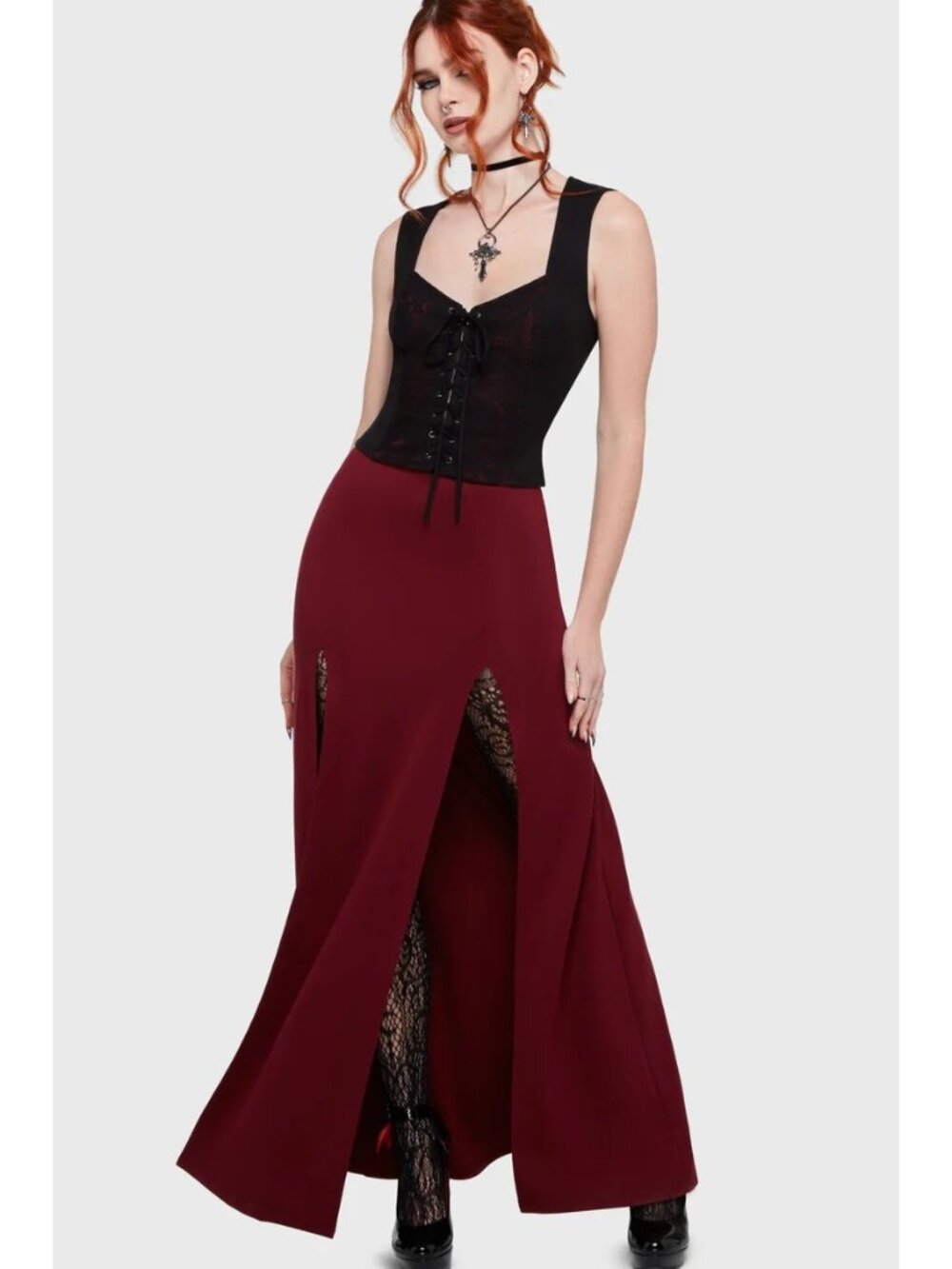 Killstar Women's Crimson Bite Maxi Skirt Size Small Maroon Red Slit Front